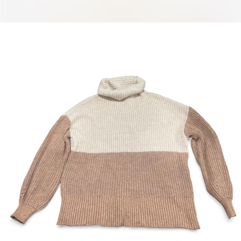 American Eagle Women XS Colorblock Turtleneck Sweater Cream Tan Chunky Knit